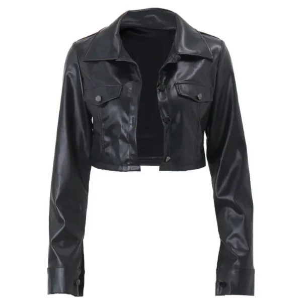 WPNAKS Women Crop Leather Jacket Spring Autumn Clothes Solid Color Casual Long Sleeve Button Down Jacket Outwear Streetwear