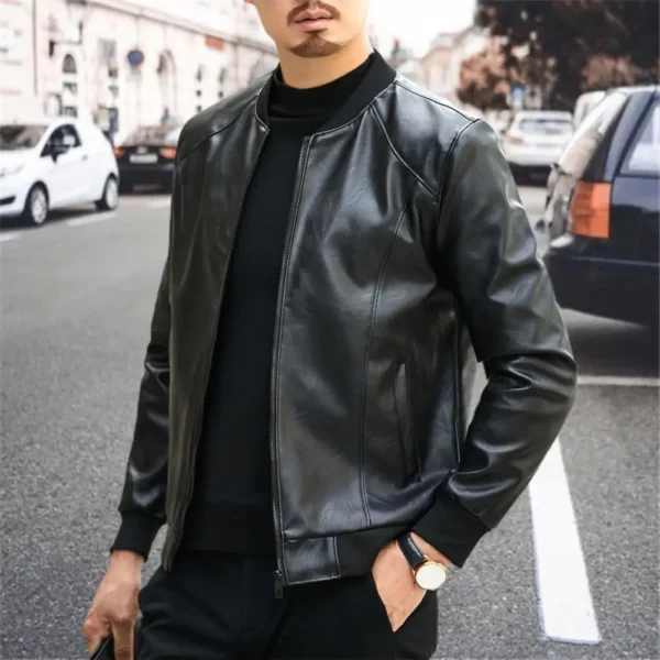 Soft Warm Men Jacket Regular Fit Men Jacket Stylish Men's Faux Leather Jacket Warm Stand Collar Zipper Pockets for Autumn