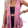 Women Vintage Sleeveless Faux Suede Fringe Vest Rivets Leather Western Boho Tassel Jacket Open Front Hippie Cardigan