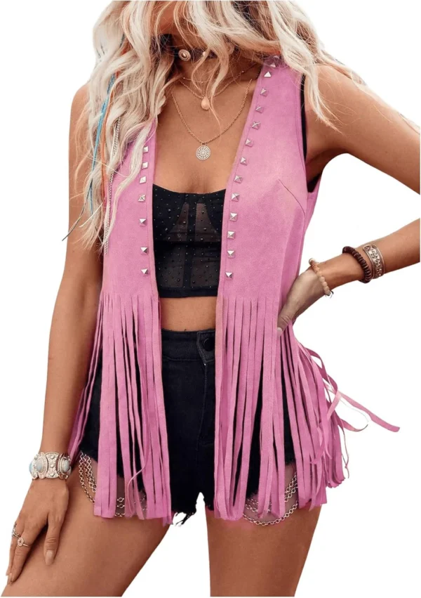 Women Vintage Sleeveless Faux Suede Fringe Vest Rivets Leather Western Boho Tassel Jacket Open Front Hippie Cardigan