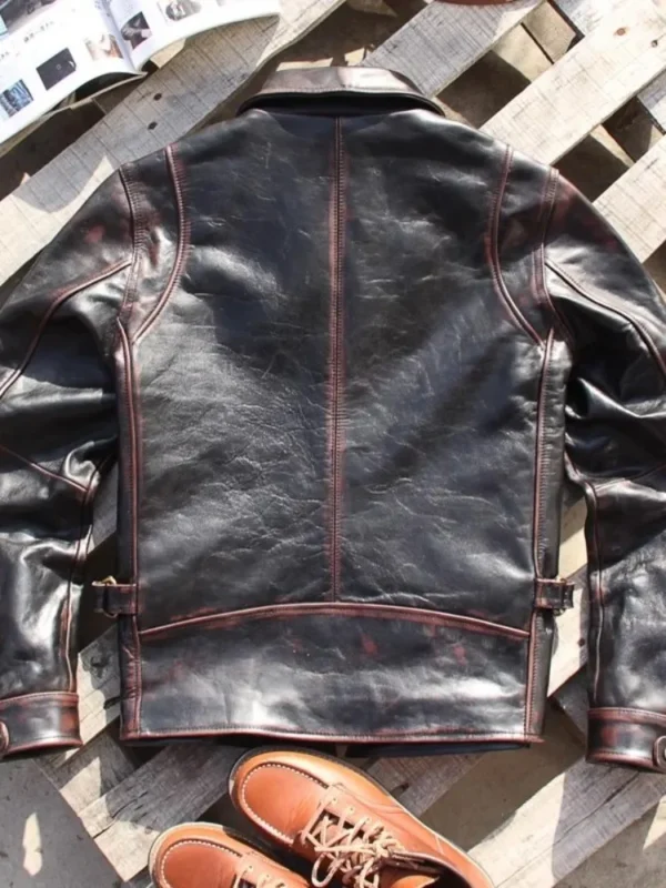 Vintage Slim Fit Mens Genuine Leather Punk Jacket Turndown Collar High Quality Horsehide Streetwear Moto Biker Short Coat Male