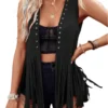 Women Vintage Sleeveless Faux Suede Fringe Vest Rivets Leather Western Boho Tassel Jacket Open Front Hippie Cardigan