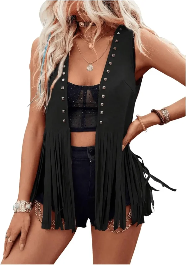 Women Vintage Sleeveless Faux Suede Fringe Vest Rivets Leather Western Boho Tassel Jacket Open Front Hippie Cardigan