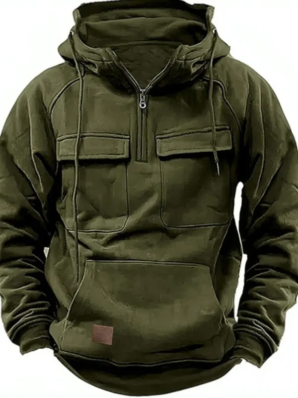 Autumn Winter New Men's Hooded Solid Color Youth Sports Multi Pocket Patch Leather Hoodie Jacket for Men
