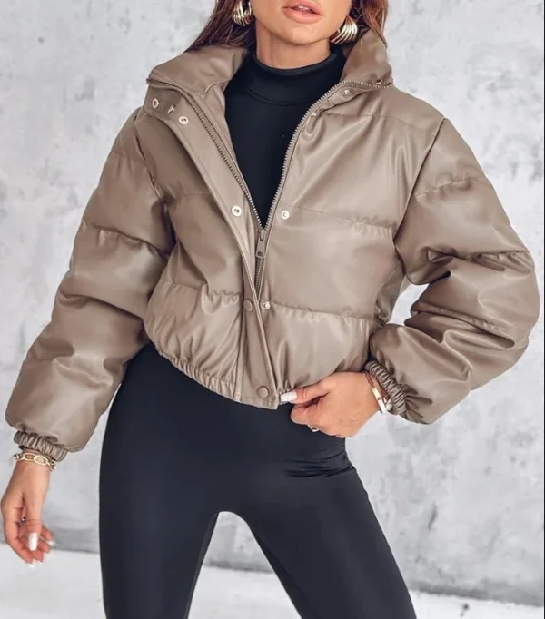 Winter Jacket Women's 2024 Casual Basic Fashion New In Coat Pu Leather Stand Up Collar Snap Zipper Windproof Warm Down Jacket