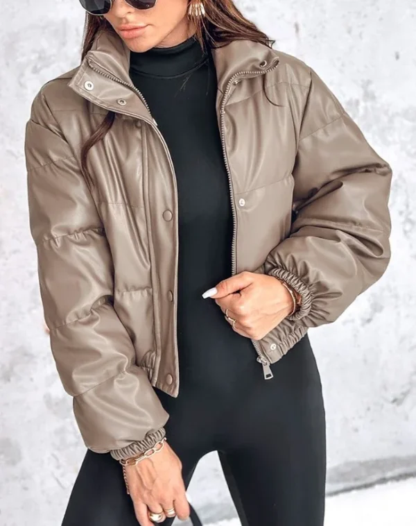 Winter Jacket Women's 2024 Casual Basic Fashion New In Coat Pu Leather Stand Up Collar Snap Zipper Windproof Warm Down Jacket
