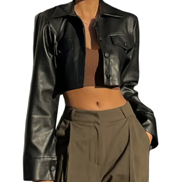 WPNAKS Women Crop Leather Jacket Spring Autumn Clothes Solid Color Casual Long Sleeve Button Down Jacket Outwear Streetwear