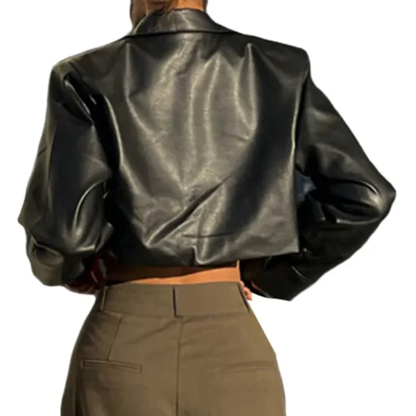 WPNAKS Women Crop Leather Jacket Spring Autumn Clothes Solid Color Casual Long Sleeve Button Down Jacket Outwear Streetwear