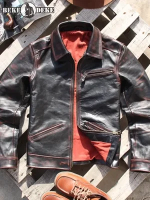 Vintage Slim Fit Mens Genuine Leather Punk Jacket Turndown Collar High Quality Horsehide Streetwear Moto Biker Short Coat Male