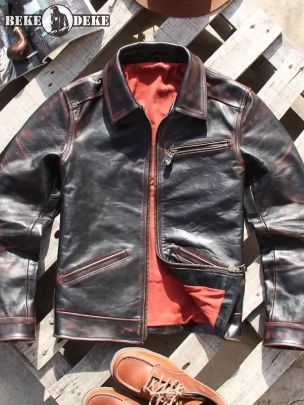 Vintage Slim Fit Mens Genuine Leather Punk Jacket Turndown Collar High Quality Horsehide Streetwear Moto Biker Short Coat Male