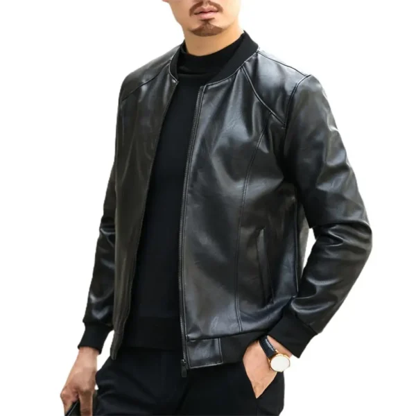 Soft Warm Men Jacket Regular Fit Men Jacket Stylish Men's Faux Leather Jacket Warm Stand Collar Zipper Pockets for Autumn