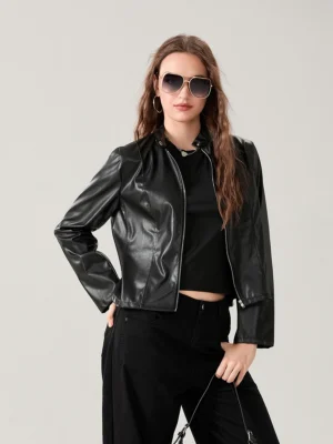 Women's Faux Leather Jacket Slim Moto Biker Jacket Outerwear Long Sleeve Zipper Short Jacket Fashion Streetwear