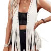 Women Vintage Sleeveless Faux Suede Fringe Vest Rivets Leather Western Boho Tassel Jacket Open Front Hippie Cardigan