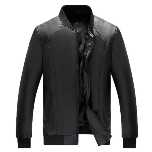 Soft Warm Men Jacket Regular Fit Men Jacket Stylish Men's Faux Leather Jacket Warm Stand Collar Zipper Pockets for Autumn
