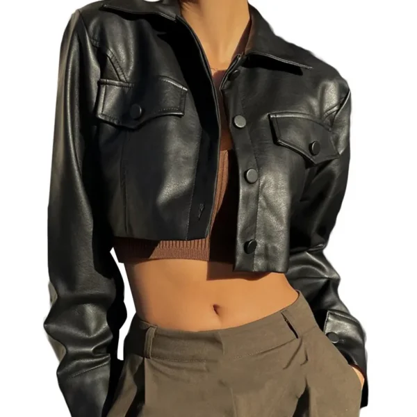 WPNAKS Women Crop Leather Jacket Spring Autumn Clothes Solid Color Casual Long Sleeve Button Down Jacket Outwear Streetwear