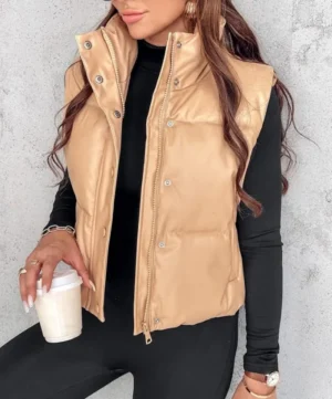 Fashion Women's Winter New In Coat Casual Leather Stand Collar Zip Up Button Pocket Vest Puffer Coat Warm Windproof Down Jacket