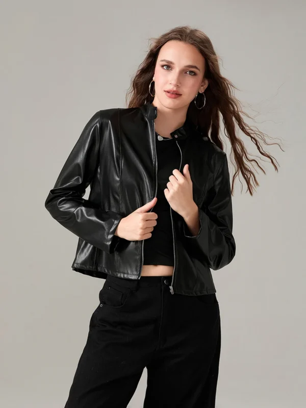 Women's Faux Leather Jacket Slim Moto Biker Jacket Outerwear Long Sleeve Zipper Short Jacket Fashion Streetwear