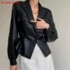 Leather Jacket Women 2023 Spring Suit Collar One Button Slim Waist Design Pocket Short Coat Female Thin Chaqueta Cuero Mujer