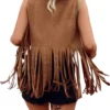 Women Vintage Sleeveless Faux Suede Fringe Vest Rivets Leather Western Boho Tassel Jacket Open Front Hippie Cardigan