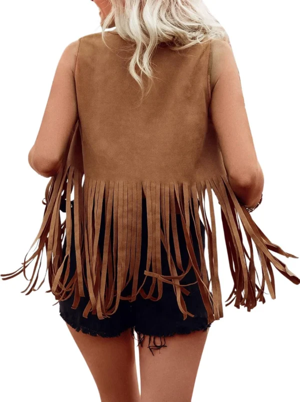 Women Vintage Sleeveless Faux Suede Fringe Vest Rivets Leather Western Boho Tassel Jacket Open Front Hippie Cardigan