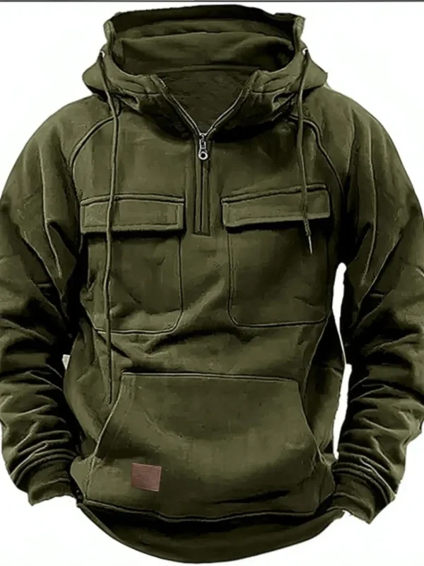 Autumn Winter New Men's Hooded Solid Color Youth Sports Multi Pocket Patch Leather Hoodie Jacket for Men