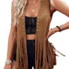 Women Vintage Sleeveless Faux Suede Fringe Vest Rivets Leather Western Boho Tassel Jacket Open Front Hippie Cardigan