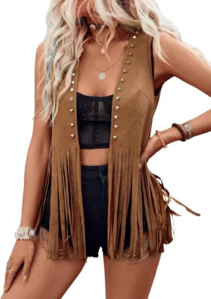 Women Vintage Sleeveless Faux Suede Fringe Vest Rivets Leather Western Boho Tassel Jacket Open Front Hippie Cardigan