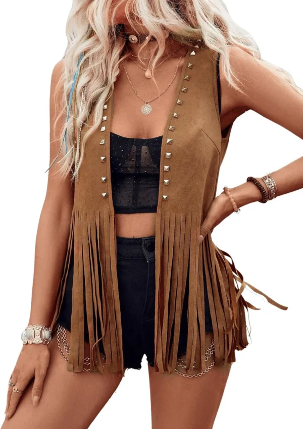 Women Vintage Sleeveless Faux Suede Fringe Vest Rivets Leather Western Boho Tassel Jacket Open Front Hippie Cardigan