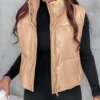 Fashion Women's Winter New In Coat Casual Leather Stand Collar Zip Up Button Pocket Vest Puffer Coat Warm Windproof Down Jacket