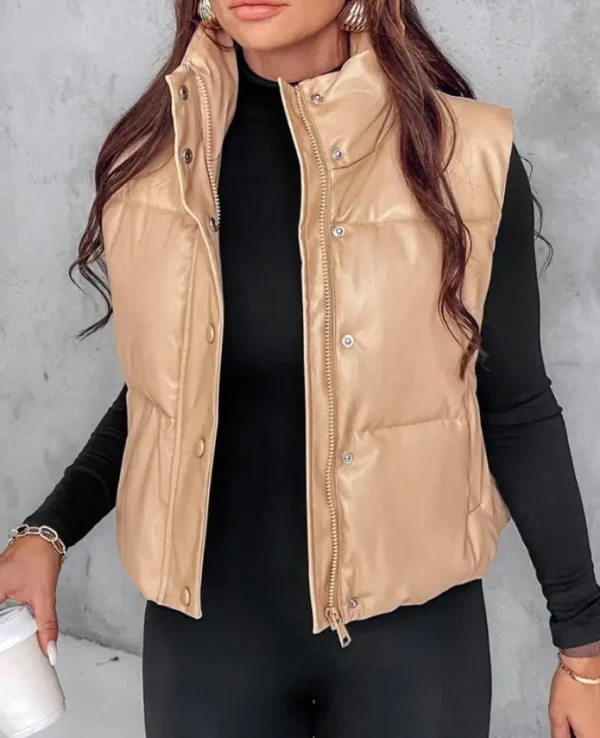 Fashion Women's Winter New In Coat Casual Leather Stand Collar Zip Up Button Pocket Vest Puffer Coat Warm Windproof Down Jacket