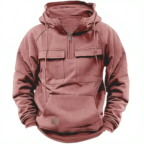 Autumn Winter New Men's Hooded Solid Color Youth Sports Multi Pocket Patch Leather Hoodie Jacket for Men