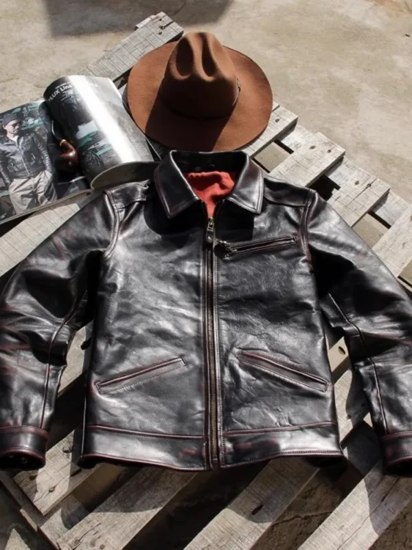 Vintage Slim Fit Mens Genuine Leather Punk Jacket Turndown Collar High Quality Horsehide Streetwear Moto Biker Short Coat Male