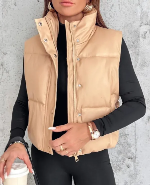 Fashion Women's Winter New In Coat Casual Leather Stand Collar Zip Up Button Pocket Vest Puffer Coat Warm Windproof Down Jacket