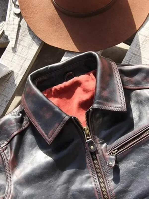 Vintage Slim Fit Mens Genuine Leather Punk Jacket Turndown Collar High Quality Horsehide Streetwear Moto Biker Short Coat Male