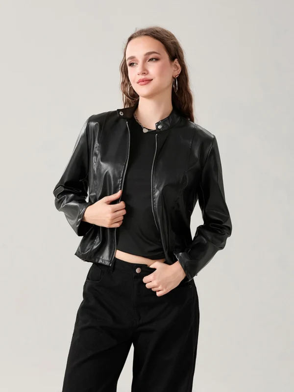 Women's Faux Leather Jacket Slim Moto Biker Jacket Outerwear Long Sleeve Zipper Short Jacket Fashion Streetwear