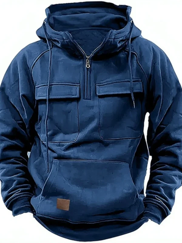 Autumn Winter New Men's Hooded Solid Color Youth Sports Multi Pocket Patch Leather Hoodie Jacket for Men