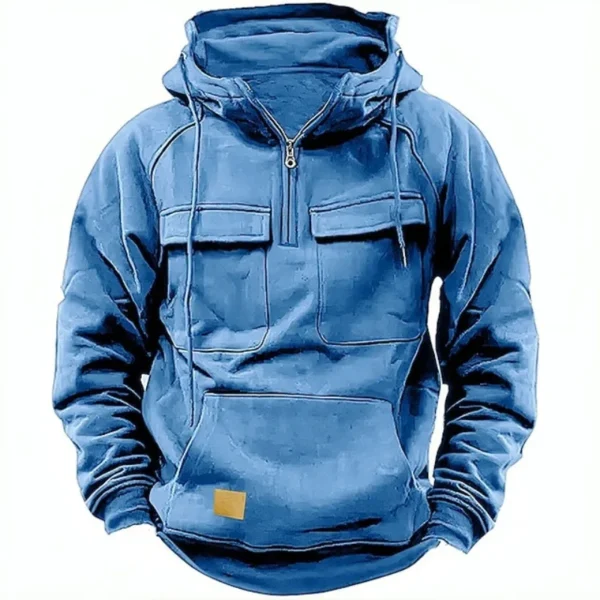 Autumn Winter New Men's Hooded Solid Color Youth Sports Multi Pocket Patch Leather Hoodie Jacket for Men