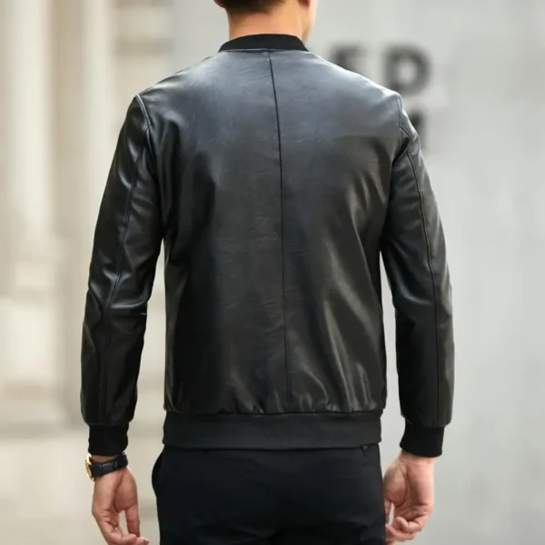 Soft Warm Men Jacket Regular Fit Men Jacket Stylish Men's Faux Leather Jacket Warm Stand Collar Zipper Pockets for Autumn