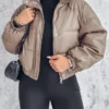 Winter Jacket Women's 2024 Casual Basic Fashion New In Coat Pu Leather Stand Up Collar Snap Zipper Windproof Warm Down Jacket