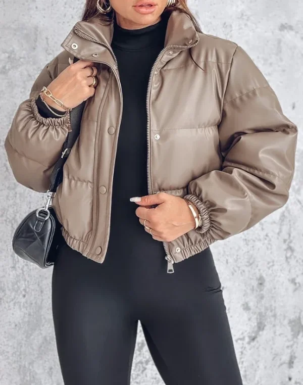 Winter Jacket Women's 2024 Casual Basic Fashion New In Coat Pu Leather Stand Up Collar Snap Zipper Windproof Warm Down Jacket